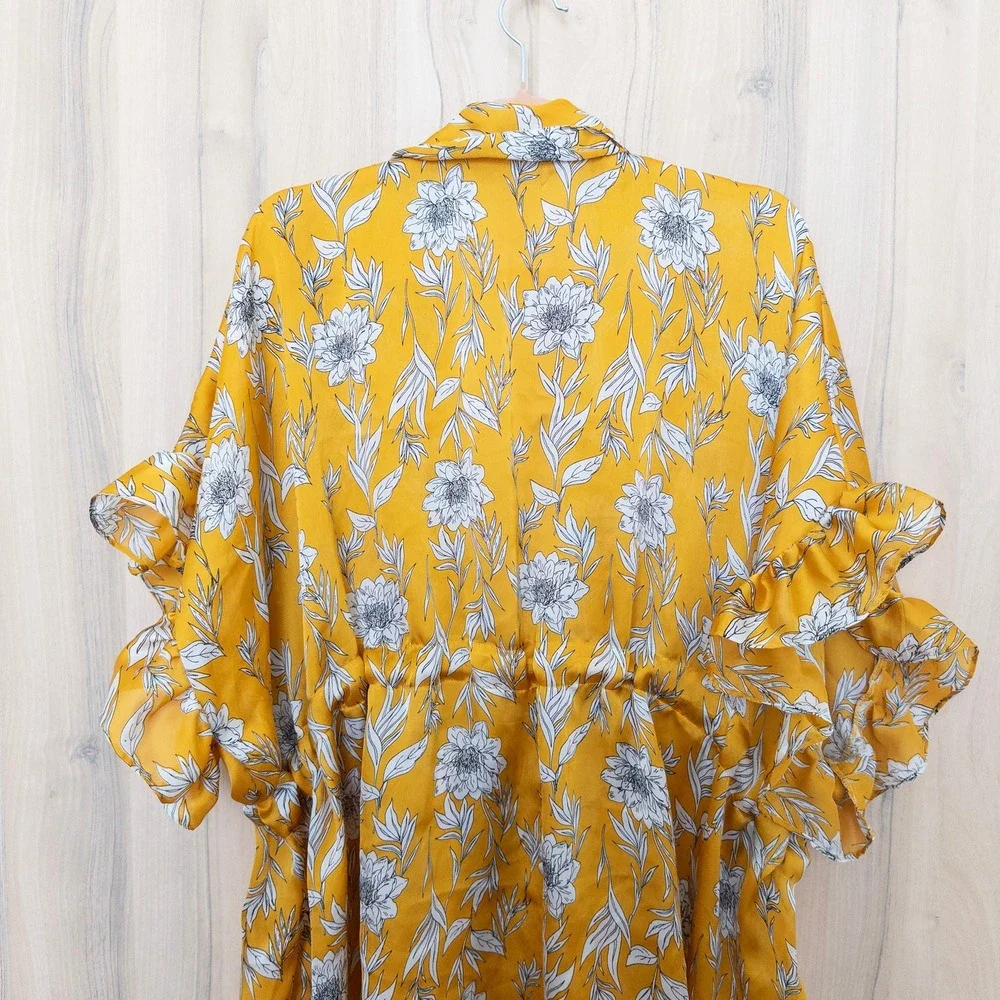 Womens‎ Floral Kimono Coverup One Size Yellow Ruffle Tie Waist Boho Romantic
